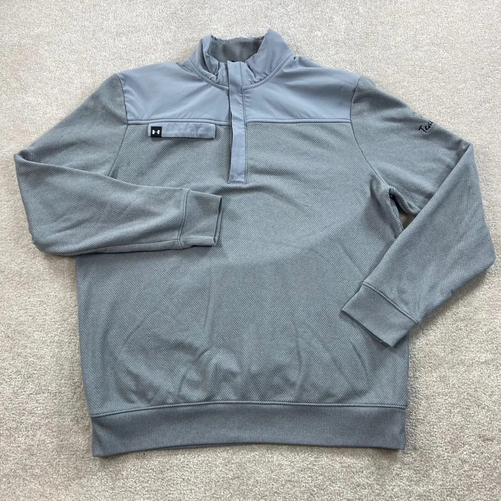 Under Armour Storm Golf Pullover Mens Large Gray Snap Mock Neck Teal Bend Logo